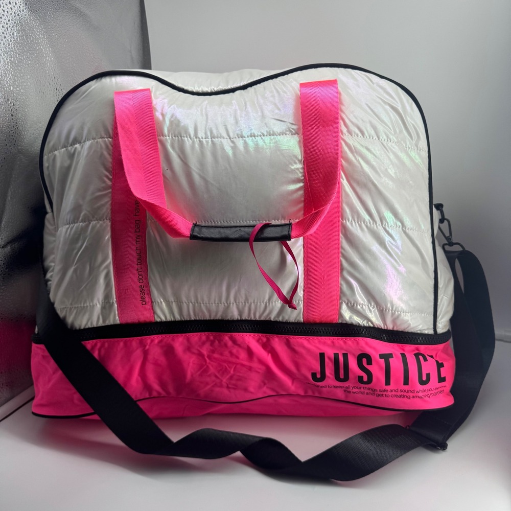 Justice Girls Weekender Duffel Bag - Iridescent White Puffer & Hot Pink